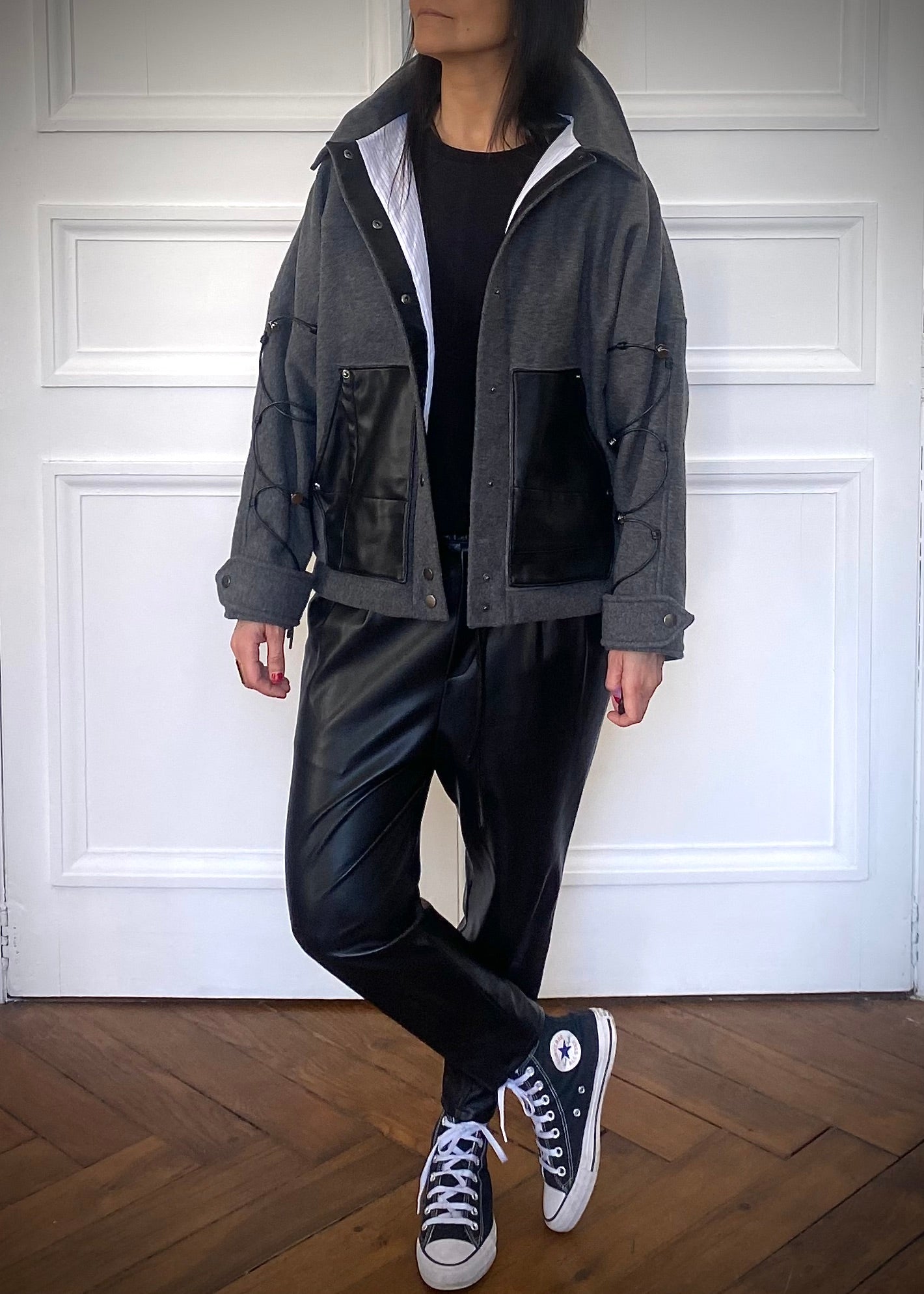 Blouson en laine avec poches en cuir - L'atelier Kez'ya